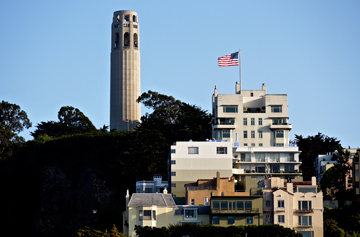 Coit Tower, a monument to the cities firefighters, sits atop Telegraph Hill in San Francisco, California