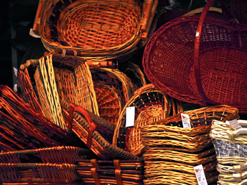 Baskets on display at a market stall in Viarreggio, Italy