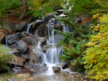 A waterfall in Van Dusen Gardens in Vancouver, British Columbia, Canada.