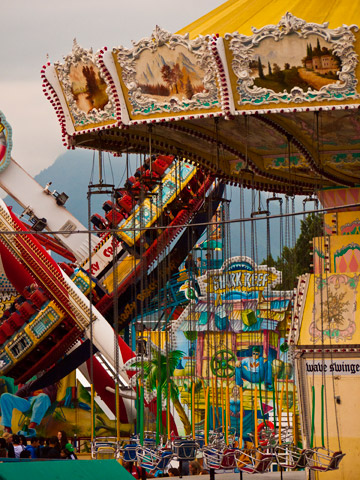 Carnival rides, including the swings, at Vancouver's Playland during the PNE