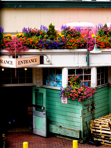 An entrance to the Pike Place Market during the summer months in Seattle, Washington
