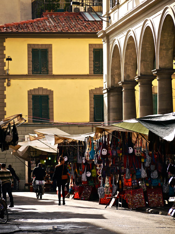 Stalls outside of the San Lorenzo Market in Florence, Italy