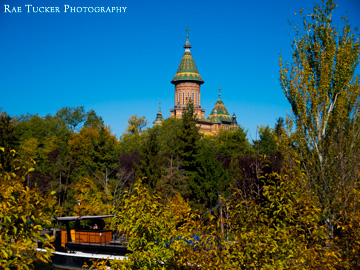 The Timisoara cathedral peeks over the autumn-tinged trees that line the river.