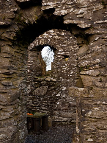 Peaking through the stone walls of Monasterboice in Ireland