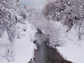 A wintery river scene in Sofia, Bulgaria