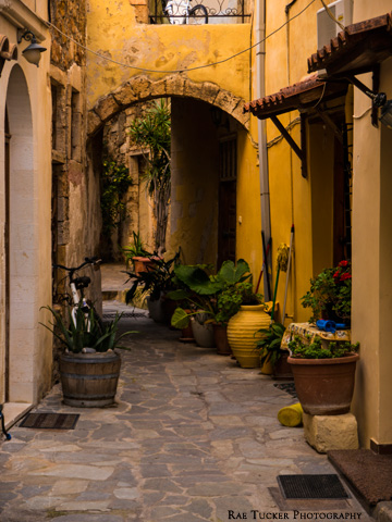 An arch-covered walkway winds past residential home entrances.