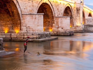 The Stone Bridge and Vardar River in Skopje, Macedonia