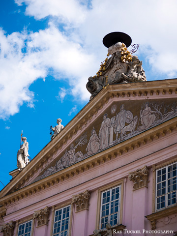 The pink exterior of the Primate's Palace in Bratislava, Slovakia