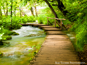 A old, wooden boardwalk in Plitvice National Park in Croatia