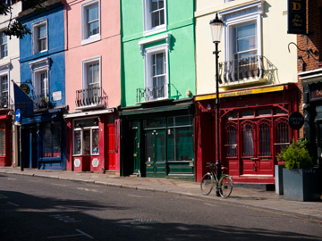 Colorful buildings along Portabello Road in London, England