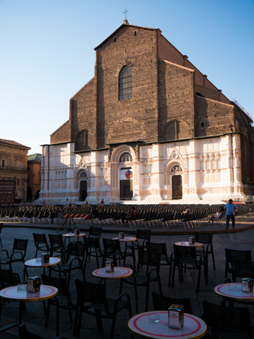 San Petronio towers over Piazza Maggiore in Bologna, Italy
