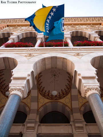 The Bosnian Flag waving over the reconstructed library in Sarajevo.