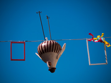 Festival decorations in Varazdin, Croatia, including an upside down cartoon-style chicken