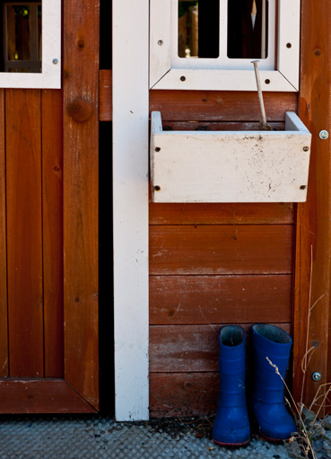 A wooden playhouse with blue rubber boots out front