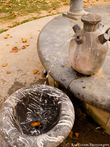 Autumn leaves adorn a fountain in Ljubljana, Slovenia