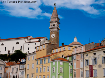 The coloful buildings in Piran, Slovenia