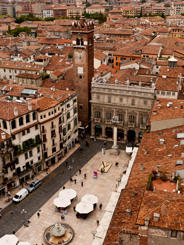 A bird's eye view of Piazze delle erbe in Verona, Italy
