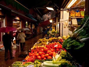 Bologna, Italy's Mercato di Mezzo on a rainy October morning