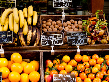 Fruit displayed outside of a store in Tuscany
