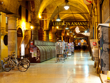 Under the portico on Via de Musei in Bologna, Italy at Christmas time