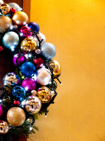 A wreath of Christmas ornaments in Bologna, Italy