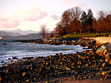 Rocks jutting into English Bay on the way to Stanley Park in Vancouver, BC