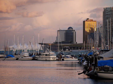 The Vancouver convention centre stands behind a harbour in Burrard Inlet in Vancouver, British Columbia.